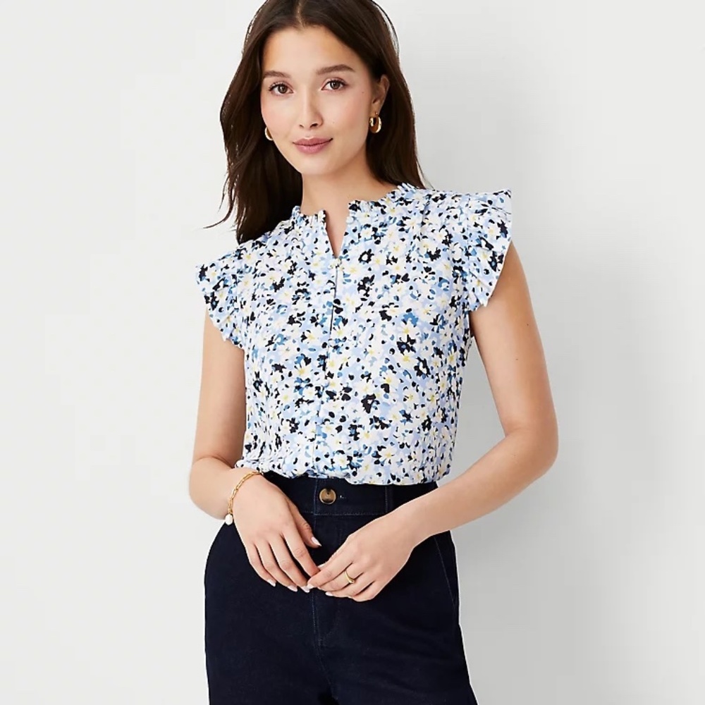 Ann Taylor NWT Petite Floral Mixed Media Ruffle Button Shell
